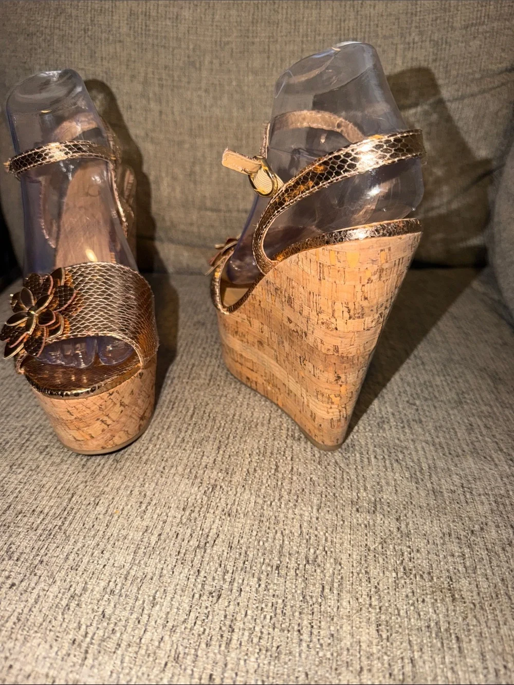 Womens Bakers Brown Cork Wedge Sandals with Gold Snakeskin Textured Straps size8